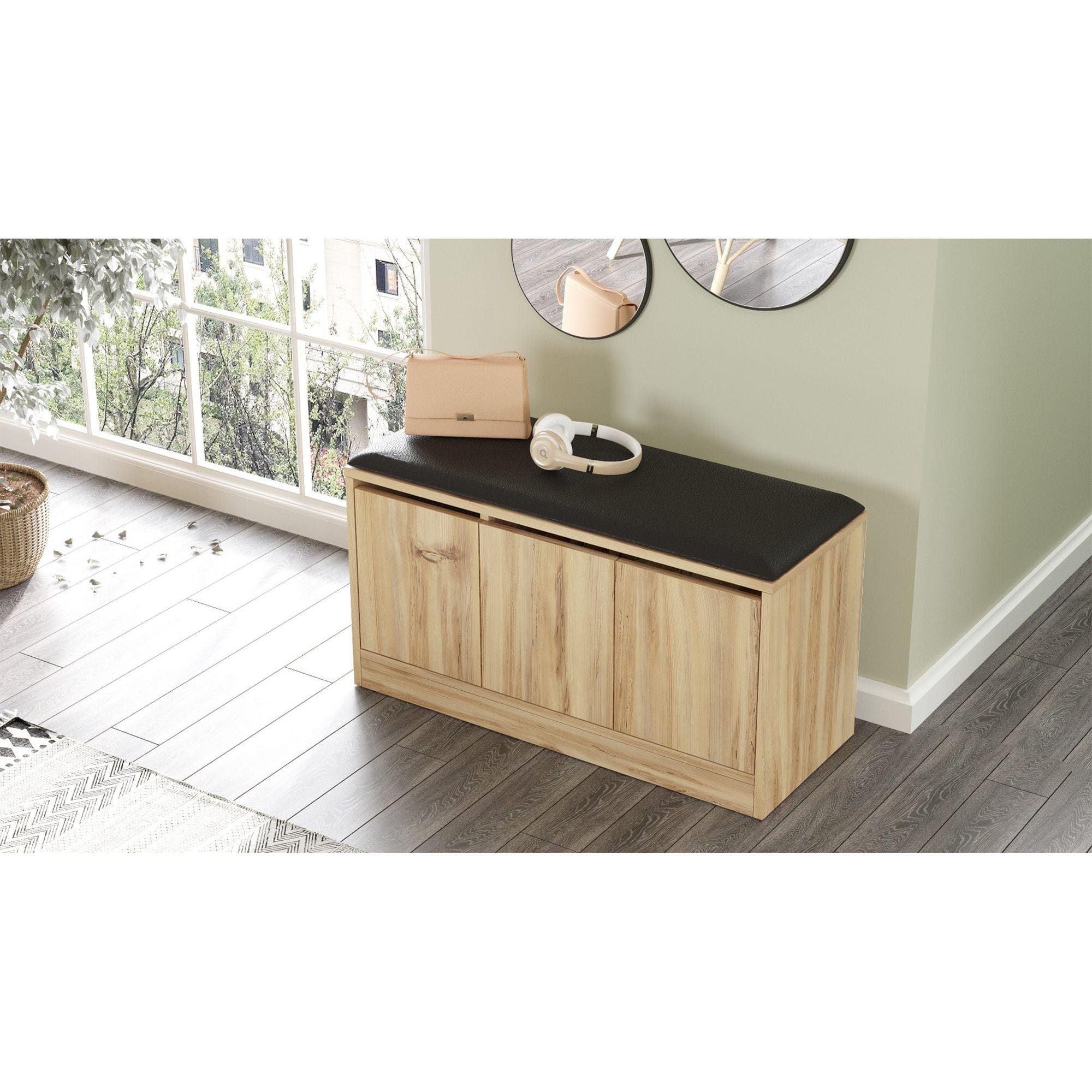 Pantofar MR2-KE-Oak, stejar/negru, PAL melaminat/piele ecologica, 90x36x46 cm