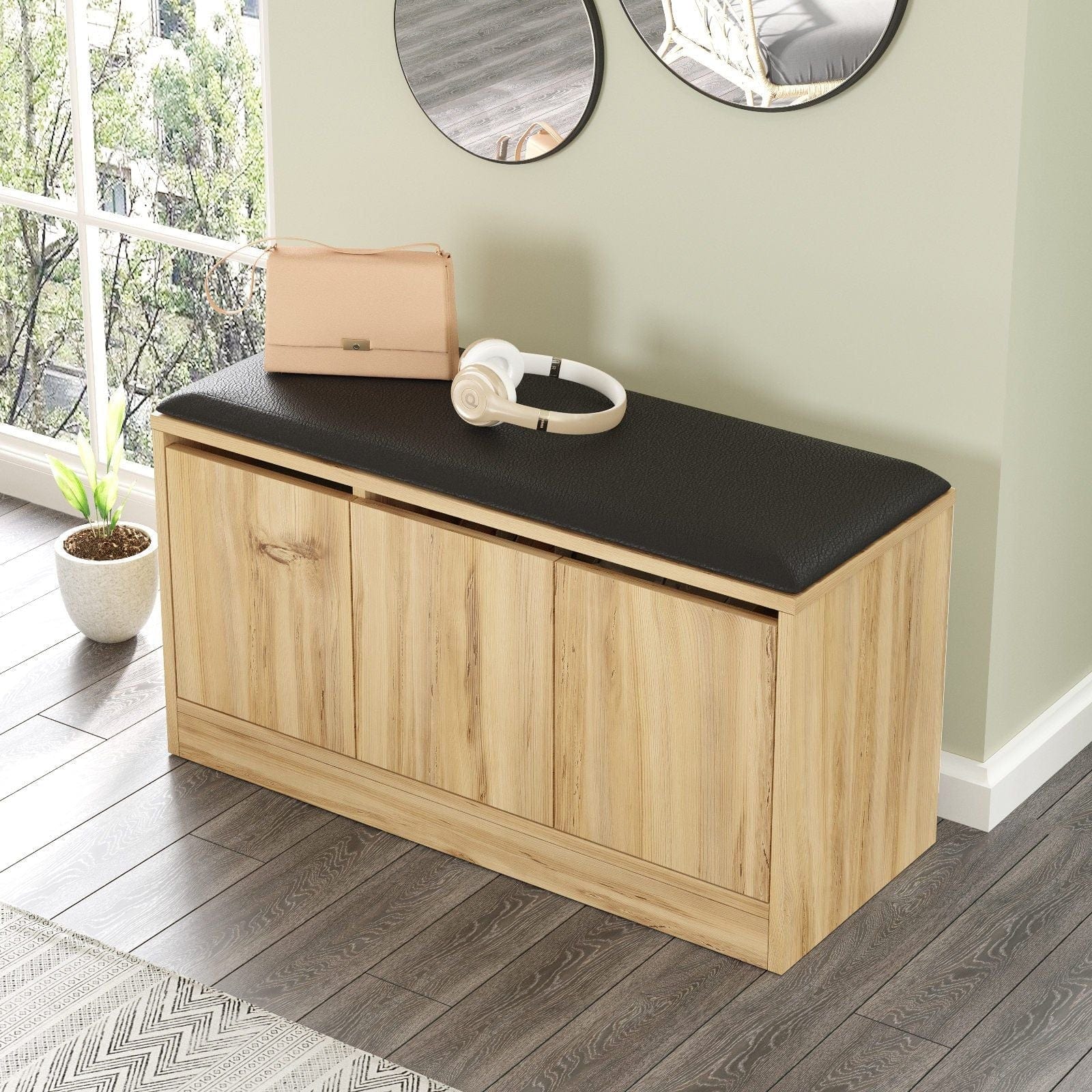 Pantofar MR2-KE-Oak, stejar/negru, PAL melaminat/piele ecologica, 90x36x46 cm