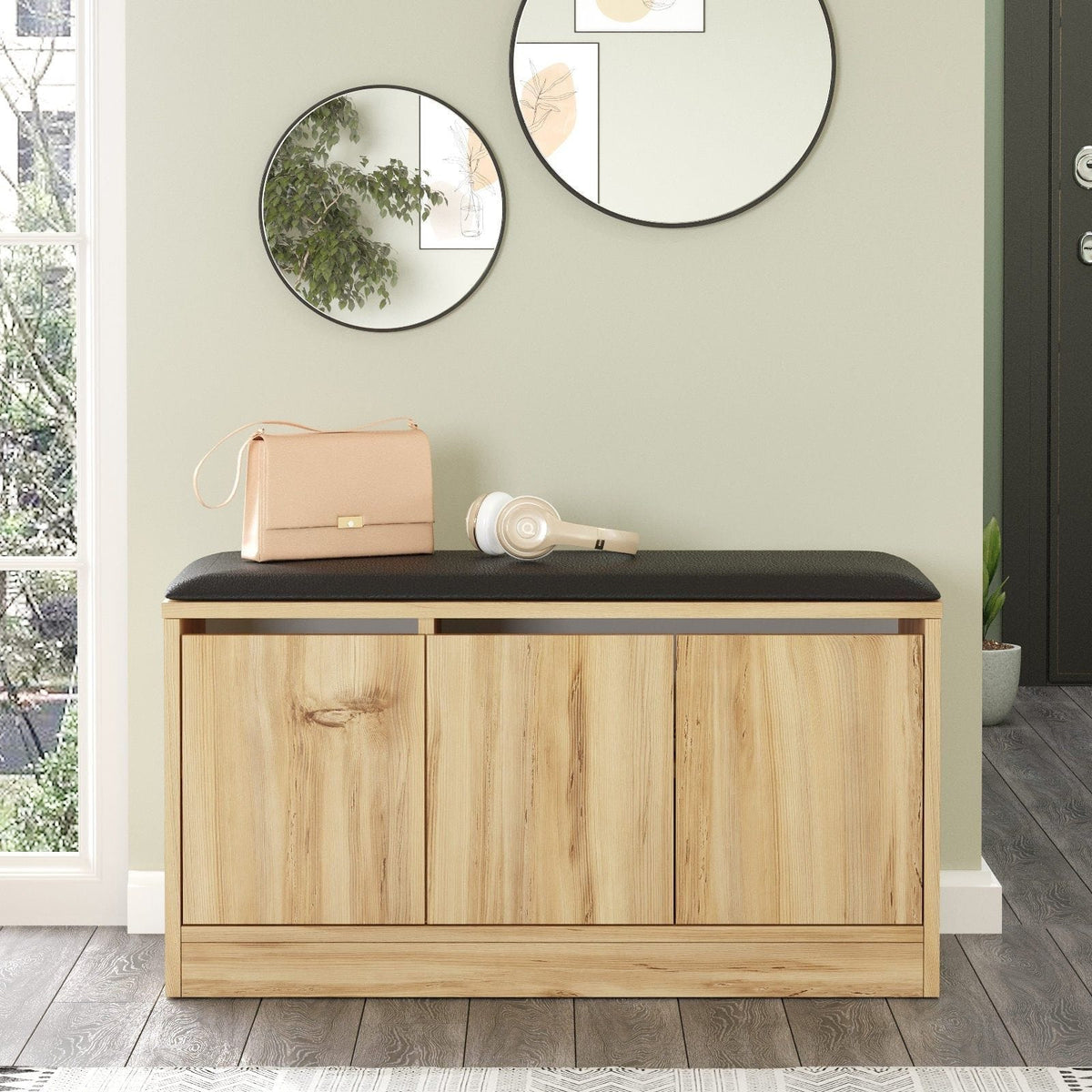 Pantofar MR2-KE-Oak, stejar/negru, PAL melaminat/piele ecologica, 90x36x46 cm