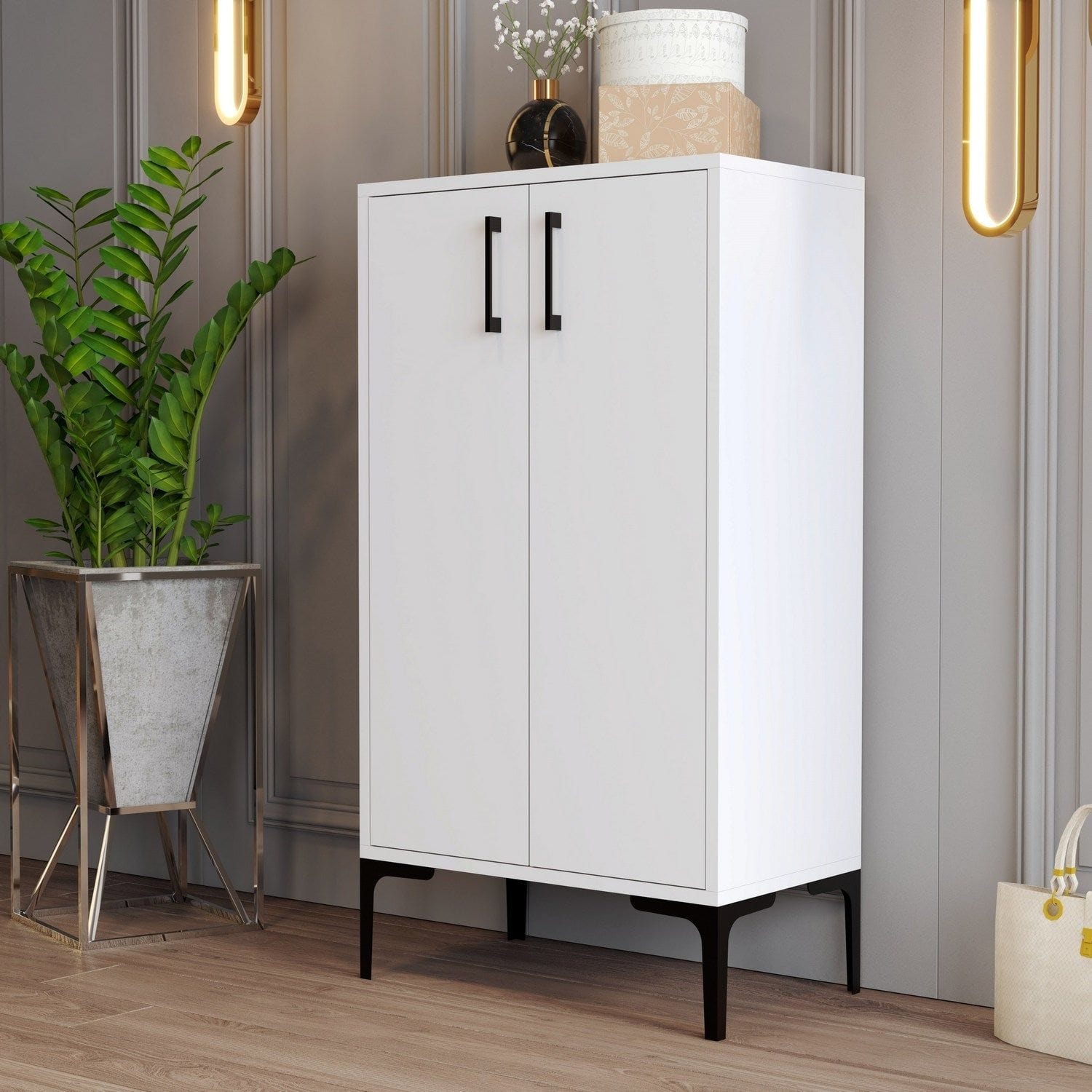 Pantofar PRAG, alb, PAL melaminat, 60x35x111 cm