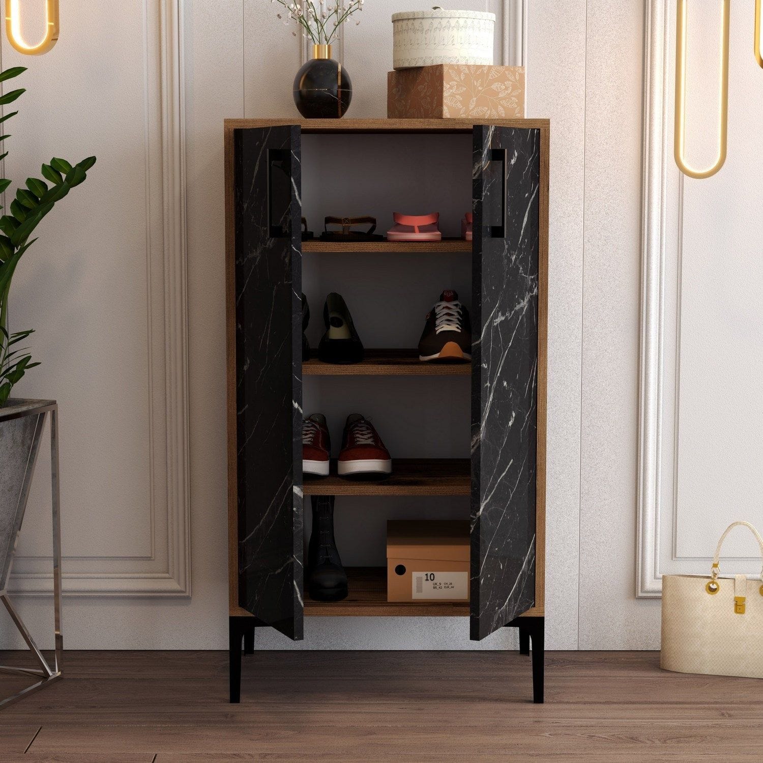 Pantofar PRAG, nuc/negru cu efect de marmura, PAL melaminat, 60x35x111 cm