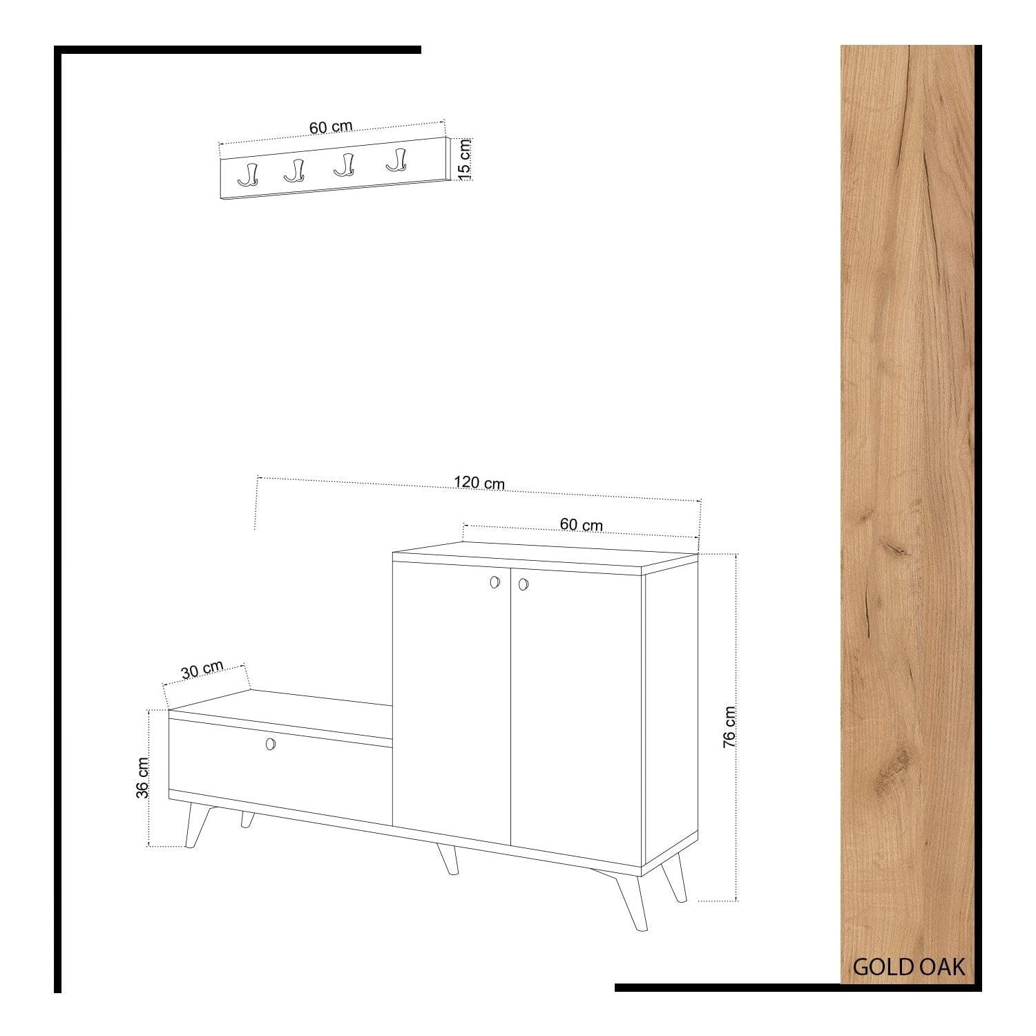 Pantofar si cuier, stejar/alb, PAL melaminat, 120x30x76 cm