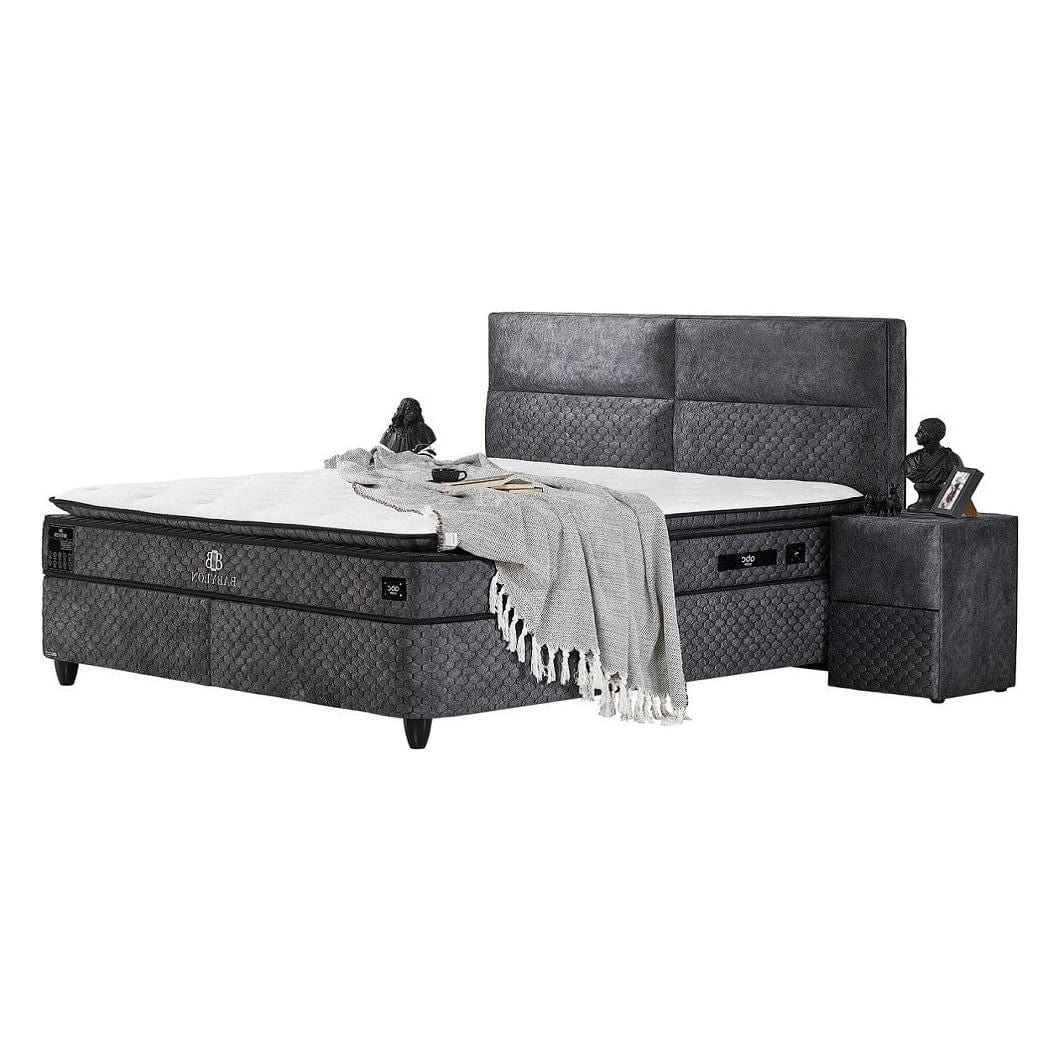 Pat BABYLON 160x200, gri, stofa/burete/PAL/metal, cu somiera si lada pentru depozitare