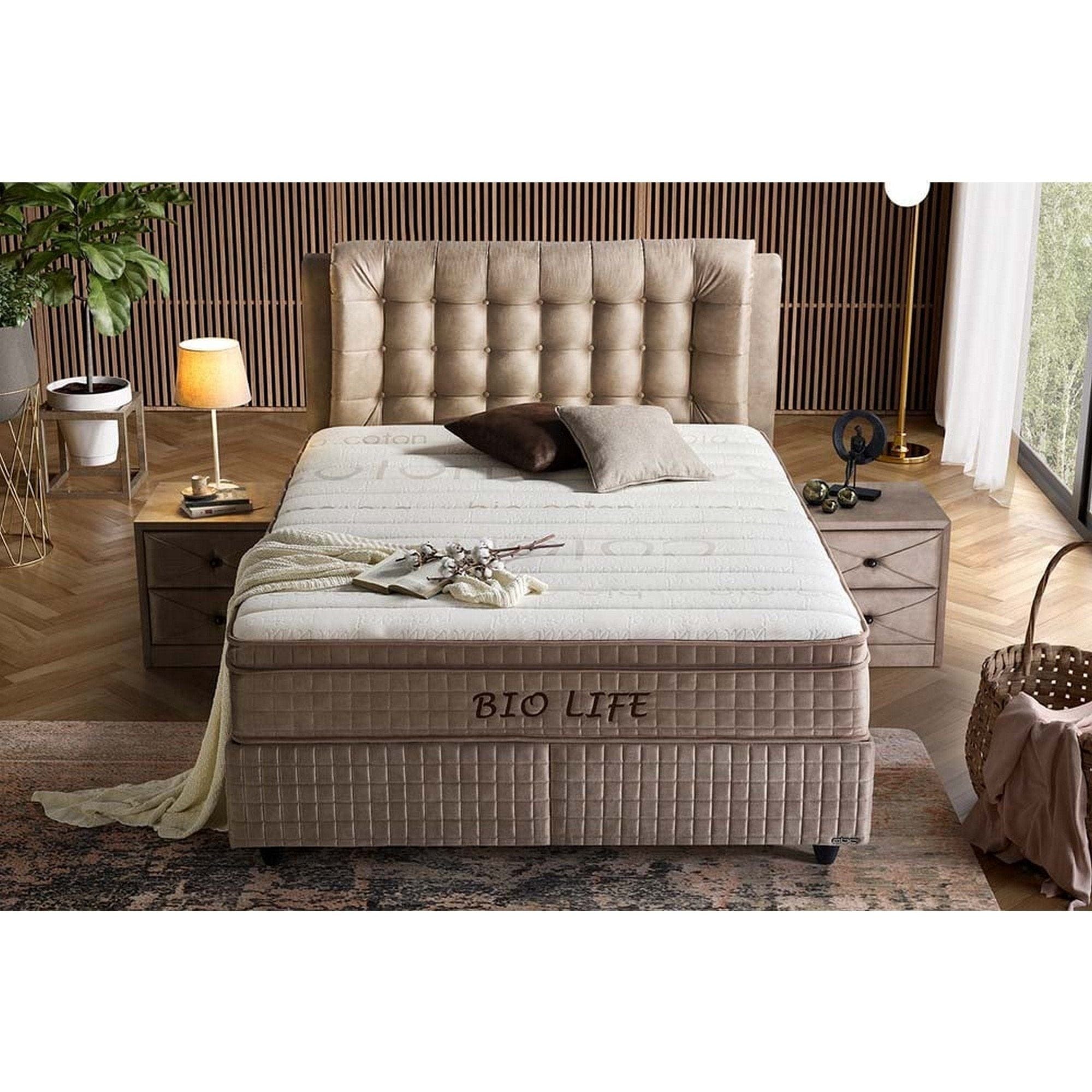 Pat BIO LIFE 140x200, bej, stofa/burete/PAL/metal, cu somiera, lada pentru depozitare si port USB