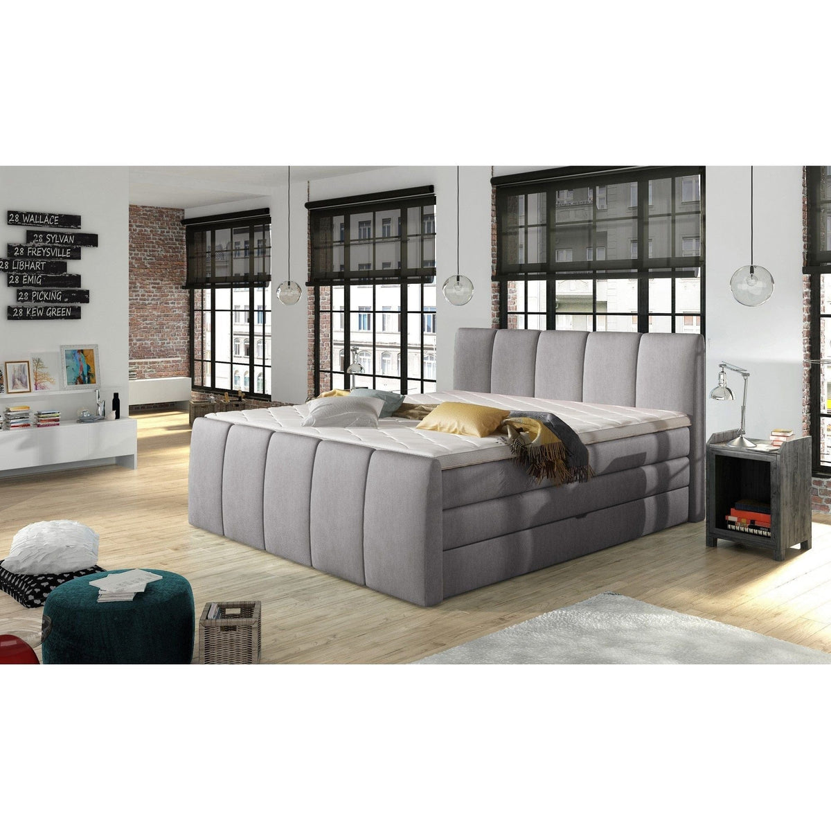 Pat boxspring FRESCO 160x200, personalizabil materiale gama Oferta Avantaj, cu saltele, topper si 2 lazi pentru depozitare