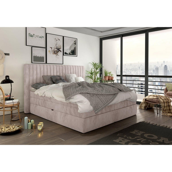 Pat boxspring MINOLA 160x200, personalizabil gama materiale Premium, cu saltele, topper si 2 lazi pentru depozitare