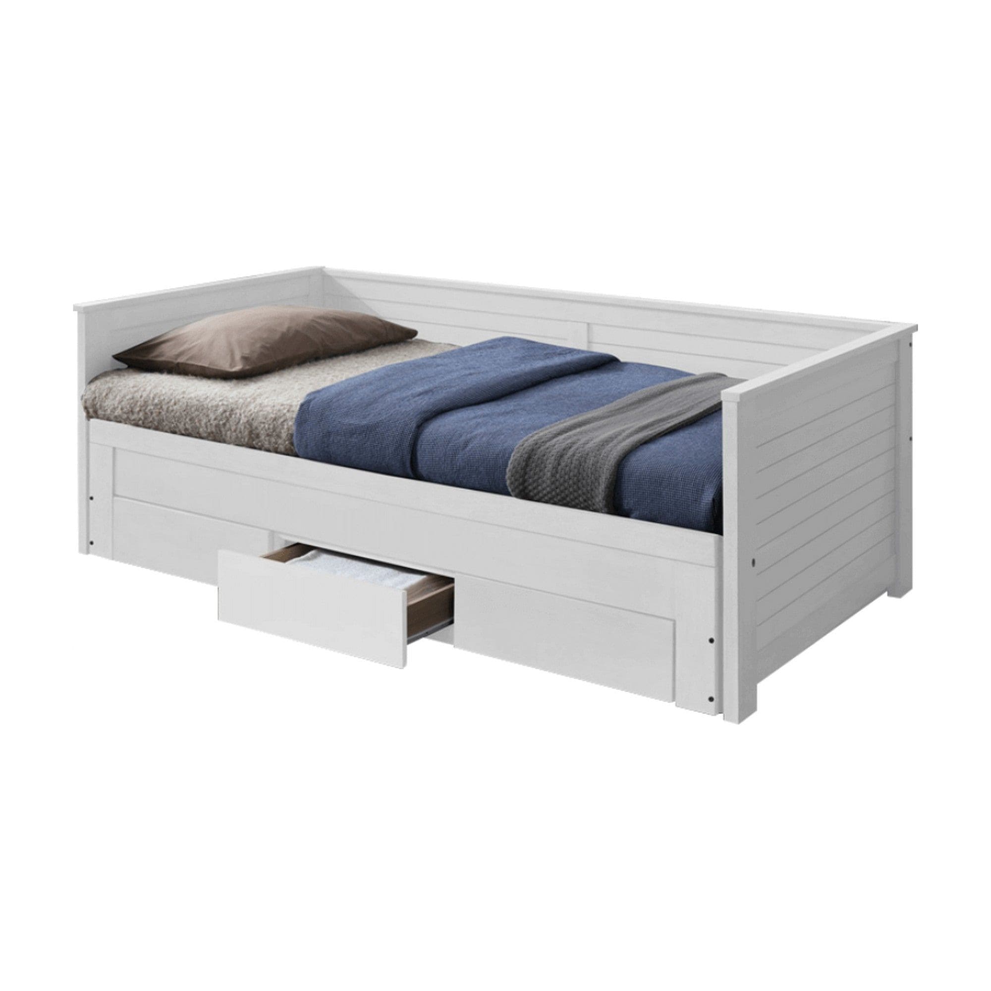 Pat extensibil GORETA 90x200/180x200, alb, cu somiera si 3 sertare pentru depozitare