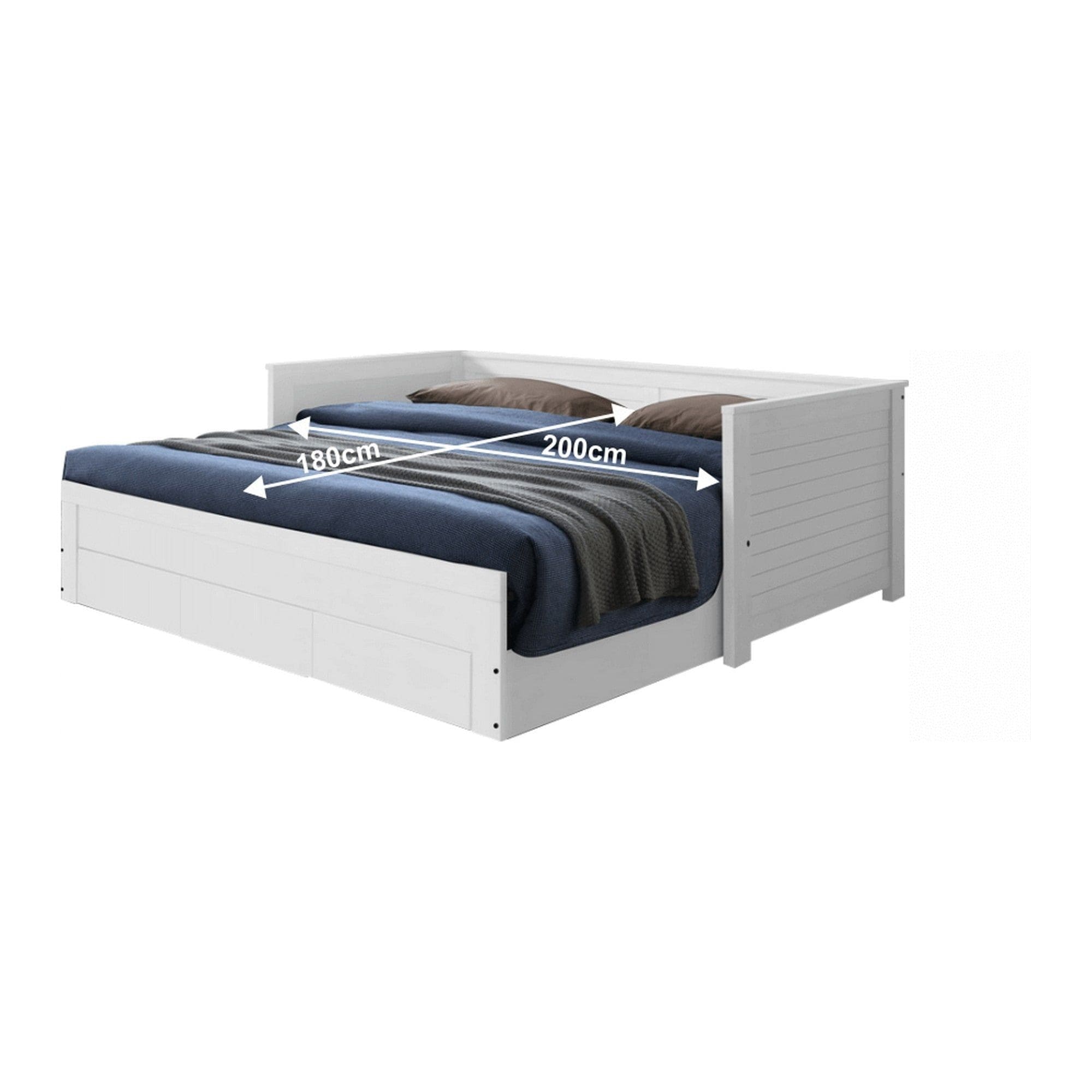 Pat extensibil GORETA 90x200/180x200, alb, cu somiera si 3 sertare pentru depozitare