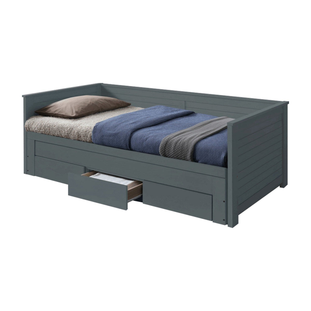 Pat extensibil GORETA, 90x200/180x200, gri, cu somiera si 3 sertare pentru depozitare