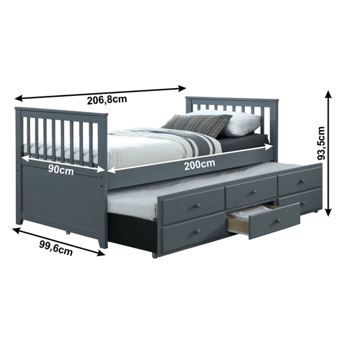 Pat extensibil pentru copii AUSTIN NEW 90x200, gri antracit, cu somiere si 3 spatii depozitare