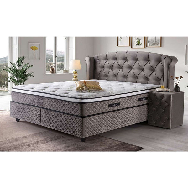 Pat Hadise 160x200, stofa gri, cu somiera si lada pentru depozitare