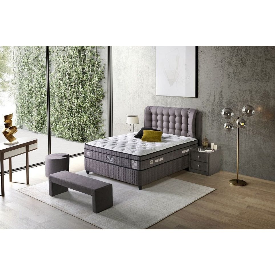 Pat Lateks Comfort 180X200, stofa gri, cu somiera si lada pentru depozitare