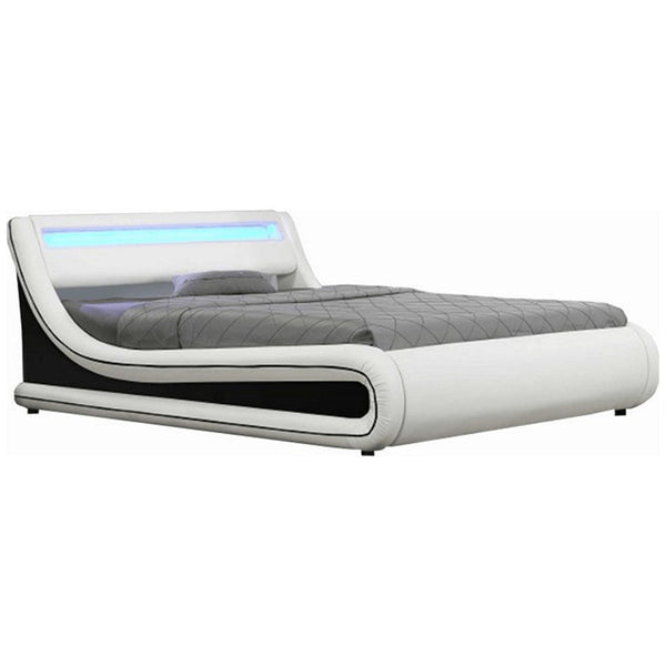Pat MANILA NEW 180x200, alb/negru, PAL/piele ecologica, cu iluminare LED RGB, somiera si lada pentru depozitare