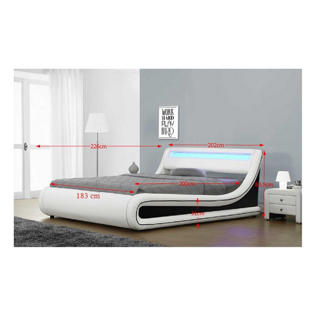 Pat MANILA NEW 180x200, alb/negru, PAL/piele ecologica, cu iluminare LED RGB, somiera si lada pentru depozitare