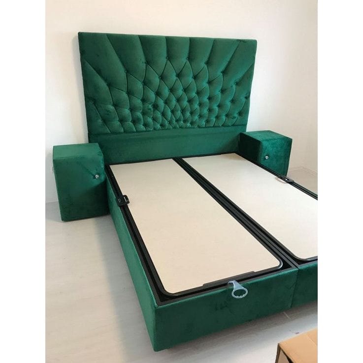 Pat Opera 100x200, stofa catifelata verde smarald, cu suport saltea si spatiu depozitare