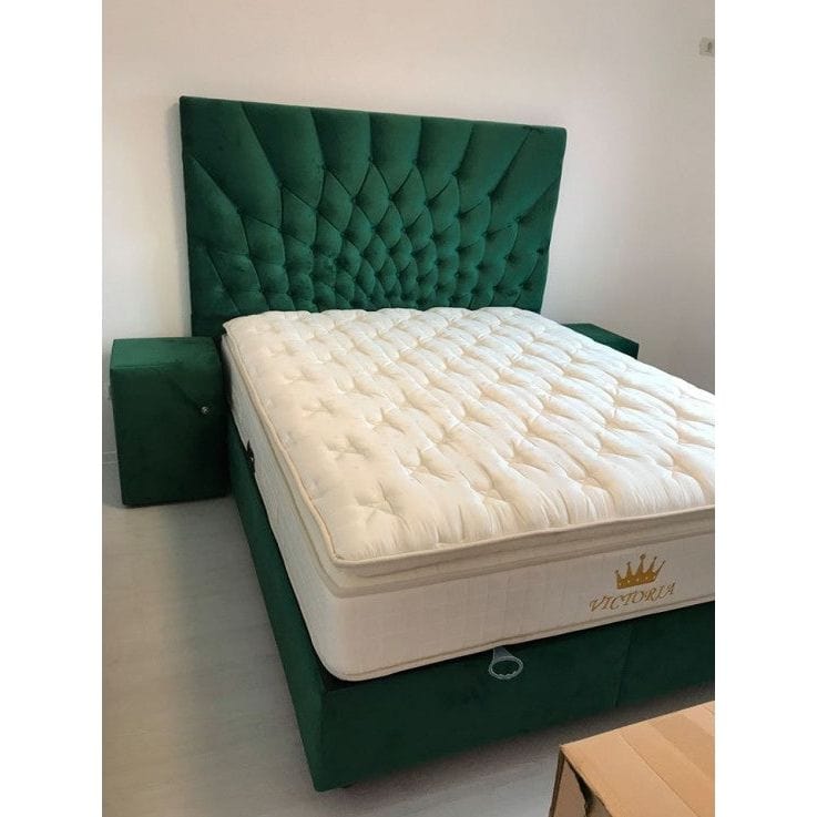 Pat Opera 100x200, stofa catifelata verde smarald, cu suport saltea si spatiu depozitare