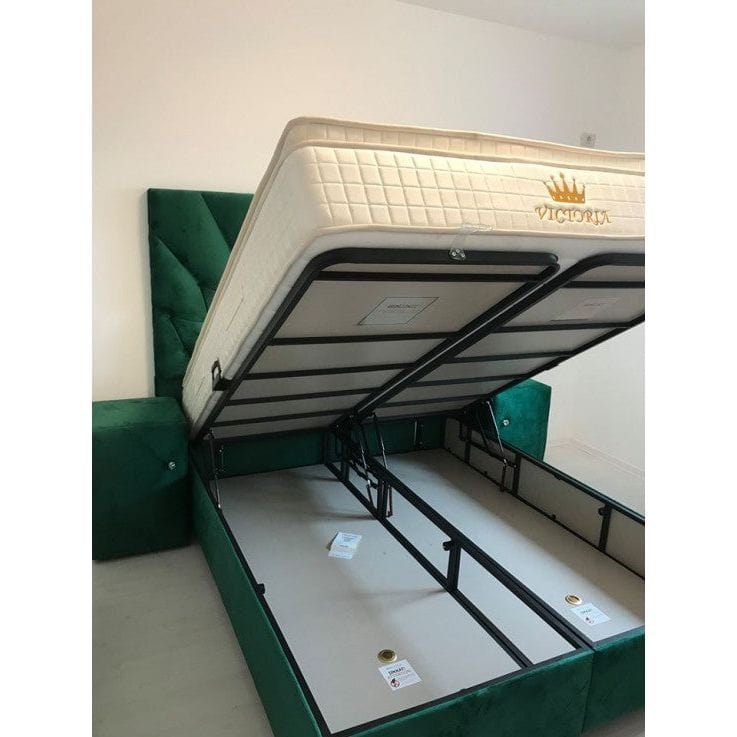 Pat Opera 160x200, stofa catifelata verde smarald, cu suport saltea si spatiu depozitare
