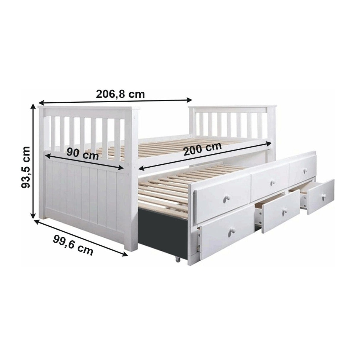 Pat pentru copii AUSTIN NEW 90x200, alb, cu somiera si 3 sertare