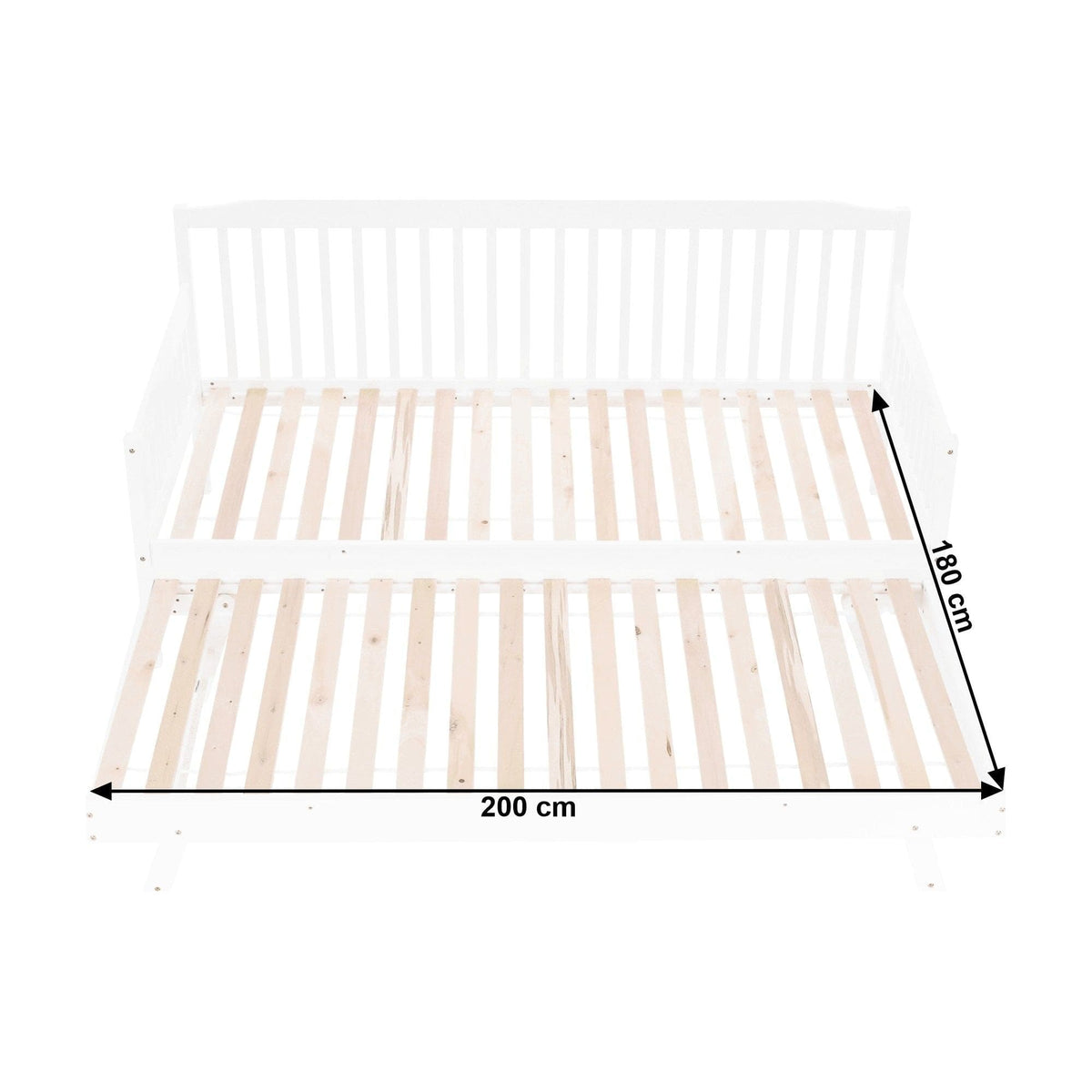 Pat pentru copii PEDREZA 90x200/180x200, alb, lemn, cu pat extensibil suplimentar si somiera