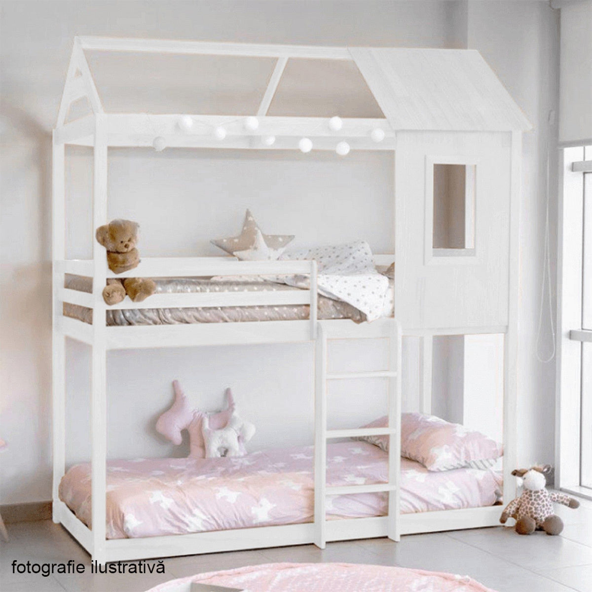 Pat supraetajat Montessori ATRISA 90x200, alb, lemn, cu somiera