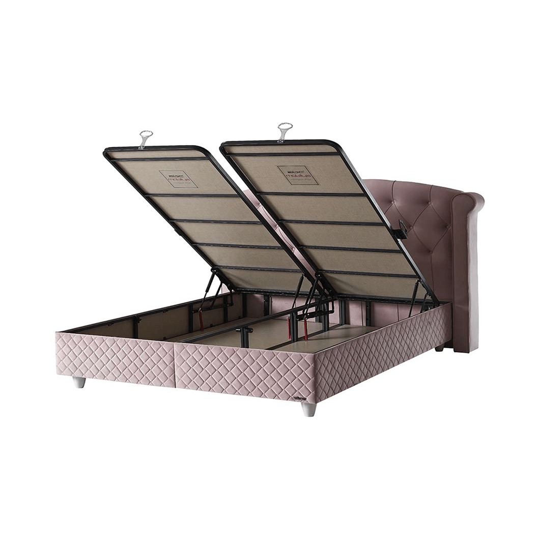 Pat Visco Lux 120x200, stofa catifelata roz, cu suport saltea si lada depozitare