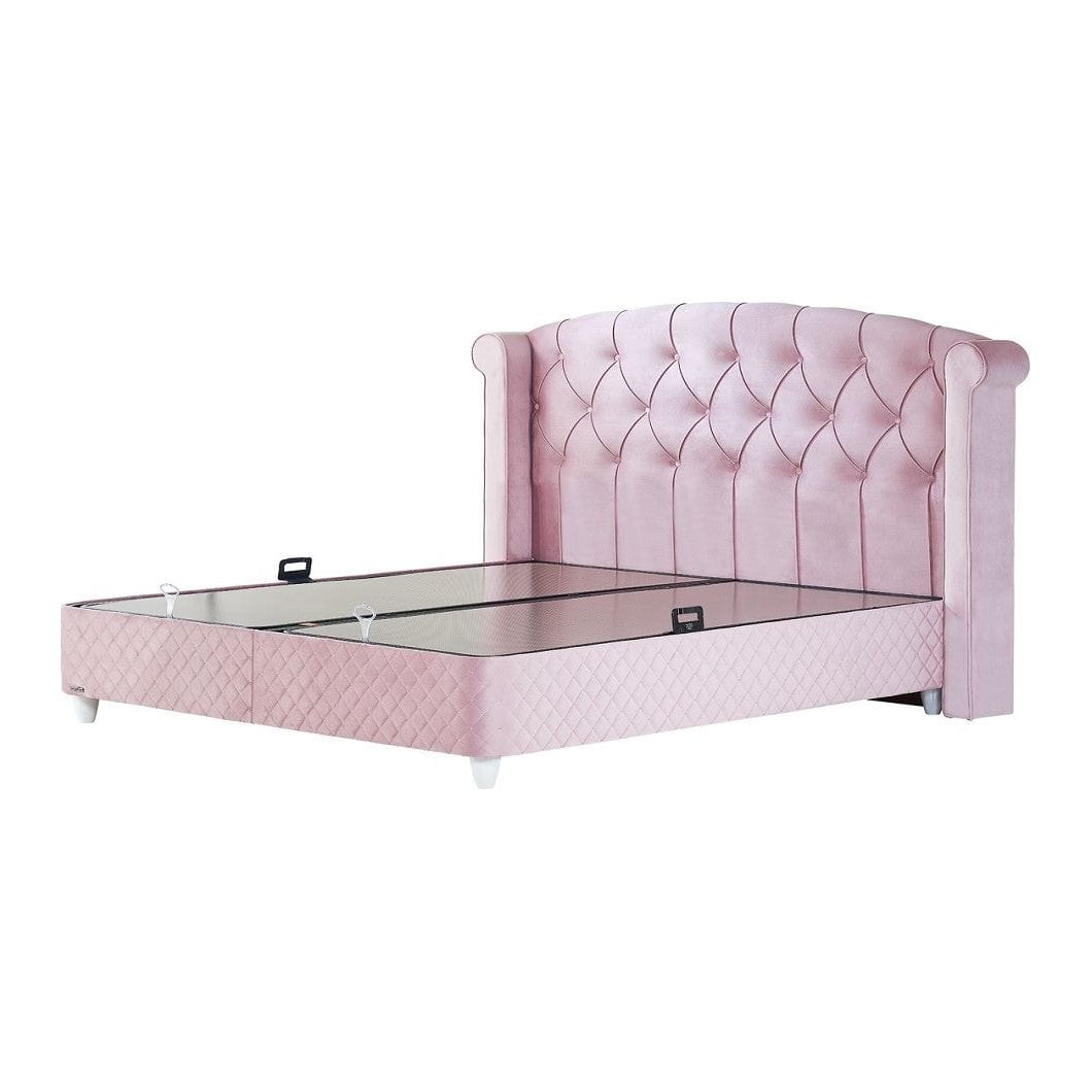 Pat Visco Lux 120x200, stofa catifelata roz, cu suport saltea si lada depozitare