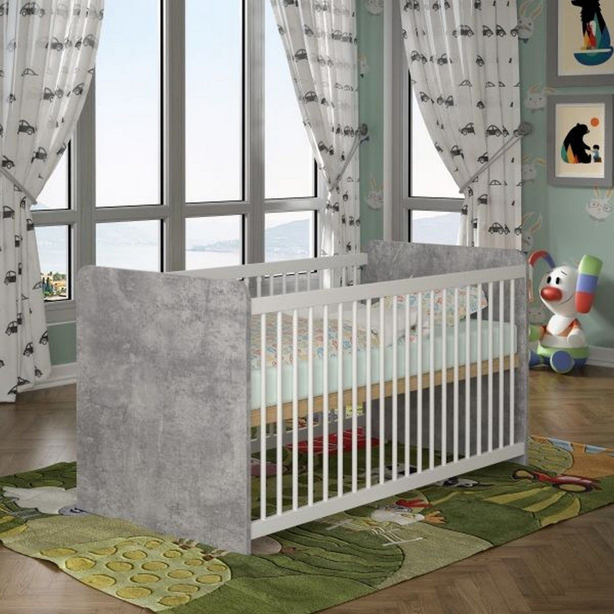 Patut pentru copii EMILY 70x140, alb/gri beton, PAL/metal, cu somiera