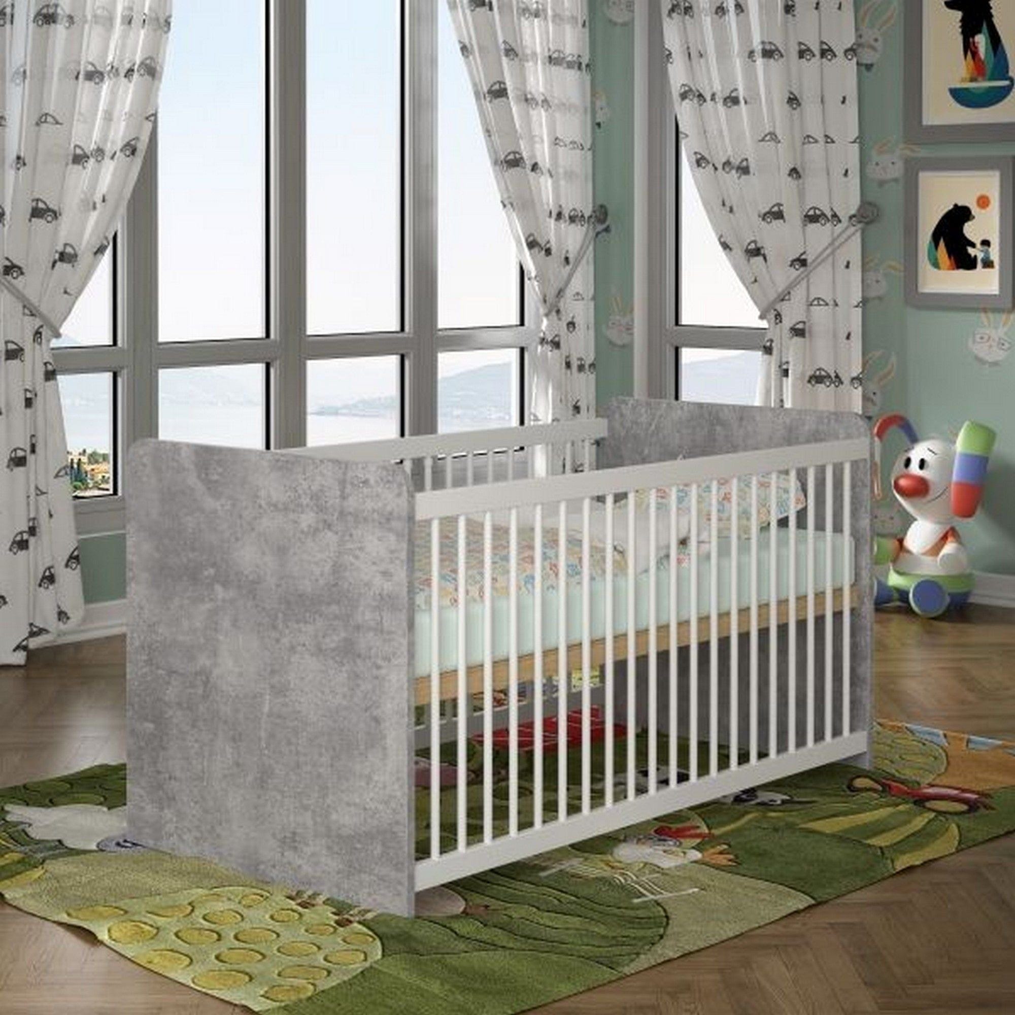 Patut pentru copii EMILY 70x140, alb/gri beton, PAL/metal, cu somiera