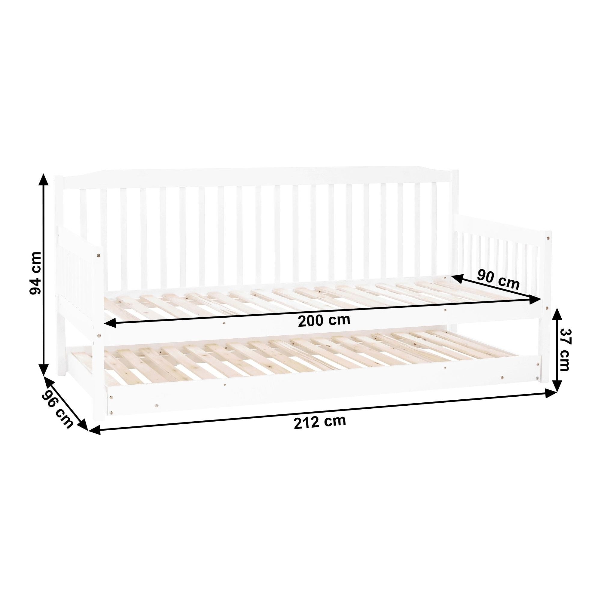 Pat pentru copii PEDREZA 90x200/180x200, alb, PAL/lemn/metal, cu pat extensibil suplimentar si somiera