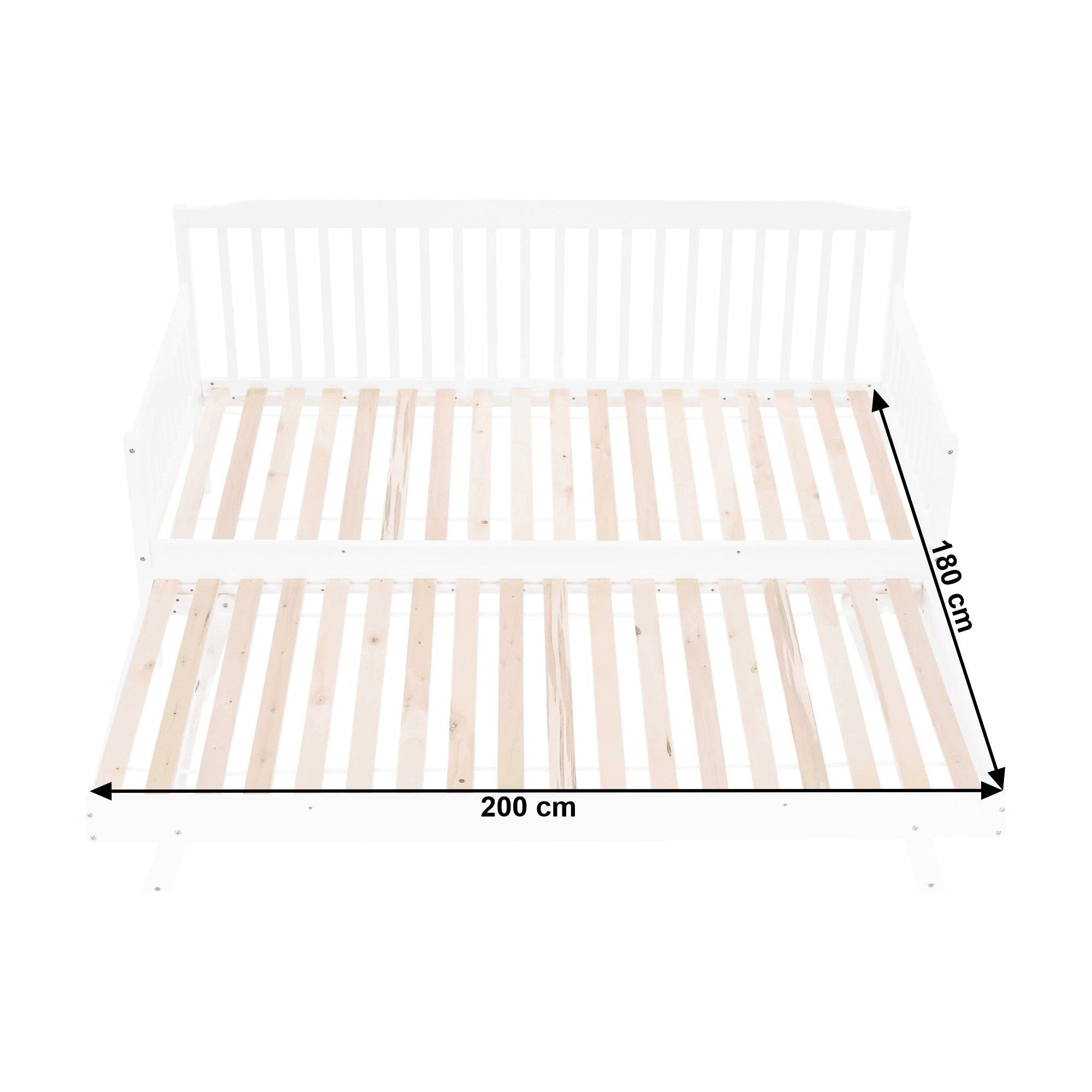 Pat pentru copii PEDREZA 90x200/180x200, alb, PAL/lemn/metal, cu pat extensibil suplimentar si somiera