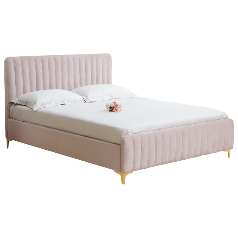 Pat dormitor KAISA, cadru din lemn/stofa catifelata, roz/auriu, 140x200 cm, cu somiera lamelara fixa, fara saltea