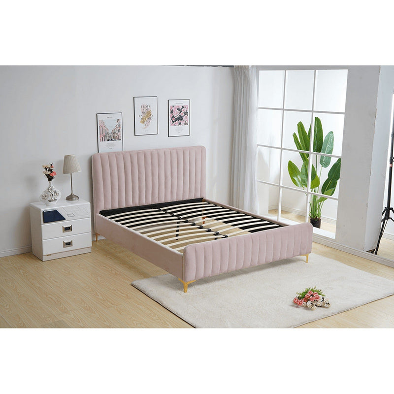 Pat dormitor KAISA, cadru din lemn/stofa catifelata, roz/auriu, 160x200 cm, cu somiera lamelara fixa, fara saltea