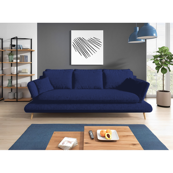 Canapea MONTE, stofa catifelata bleumarin - Riviera 81, 242x110x90 cm, extensibil, functie de dormit, lada depozitare