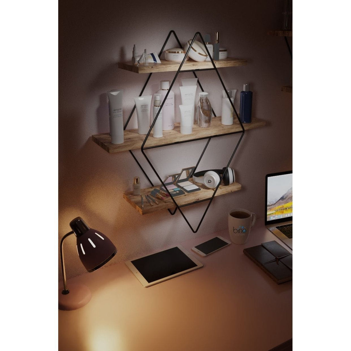 Raft 498HFT1111, stejar, lemn/metal, 70x16x60 cm