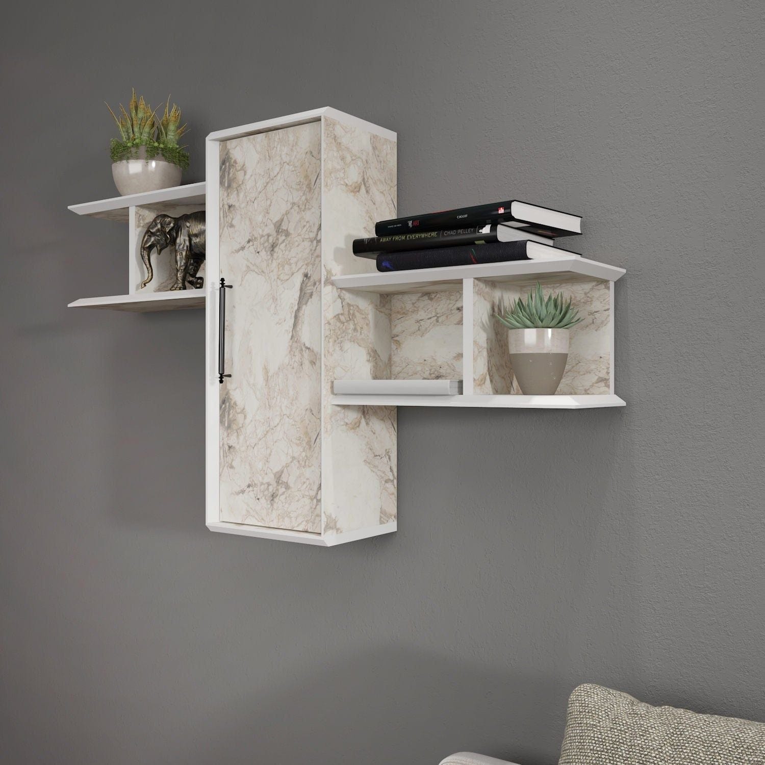 Raft Olida, alb cu imprimeu marmura, 119x35x52 cm