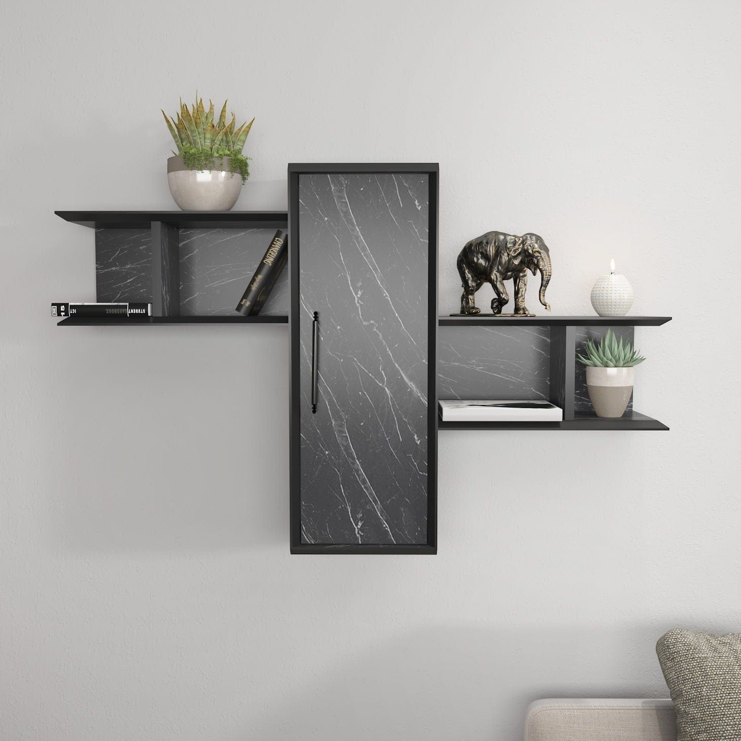 Raft OLIDA, negru cu efect de marmura, PAL melaminat, 119x35x52 cm