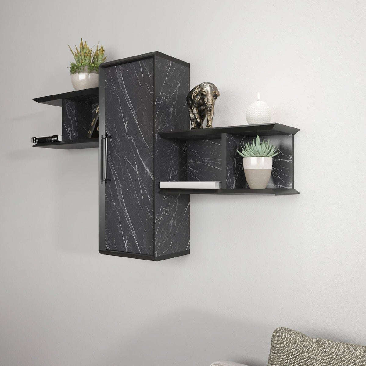 Raft OLIDA, negru cu efect de marmura, PAL melaminat, 119x35x52 cm