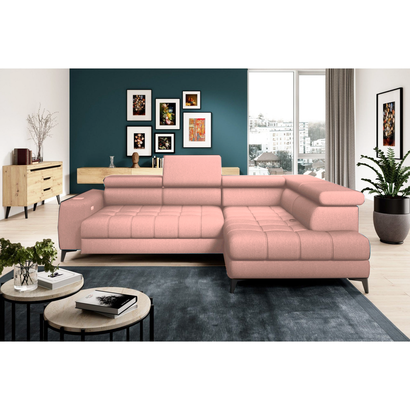 Coltar extensibil BAGGIO, sezlong dreapta, stofa catifelata roz - Element 18, Gama Premium, 280x196x100 cm