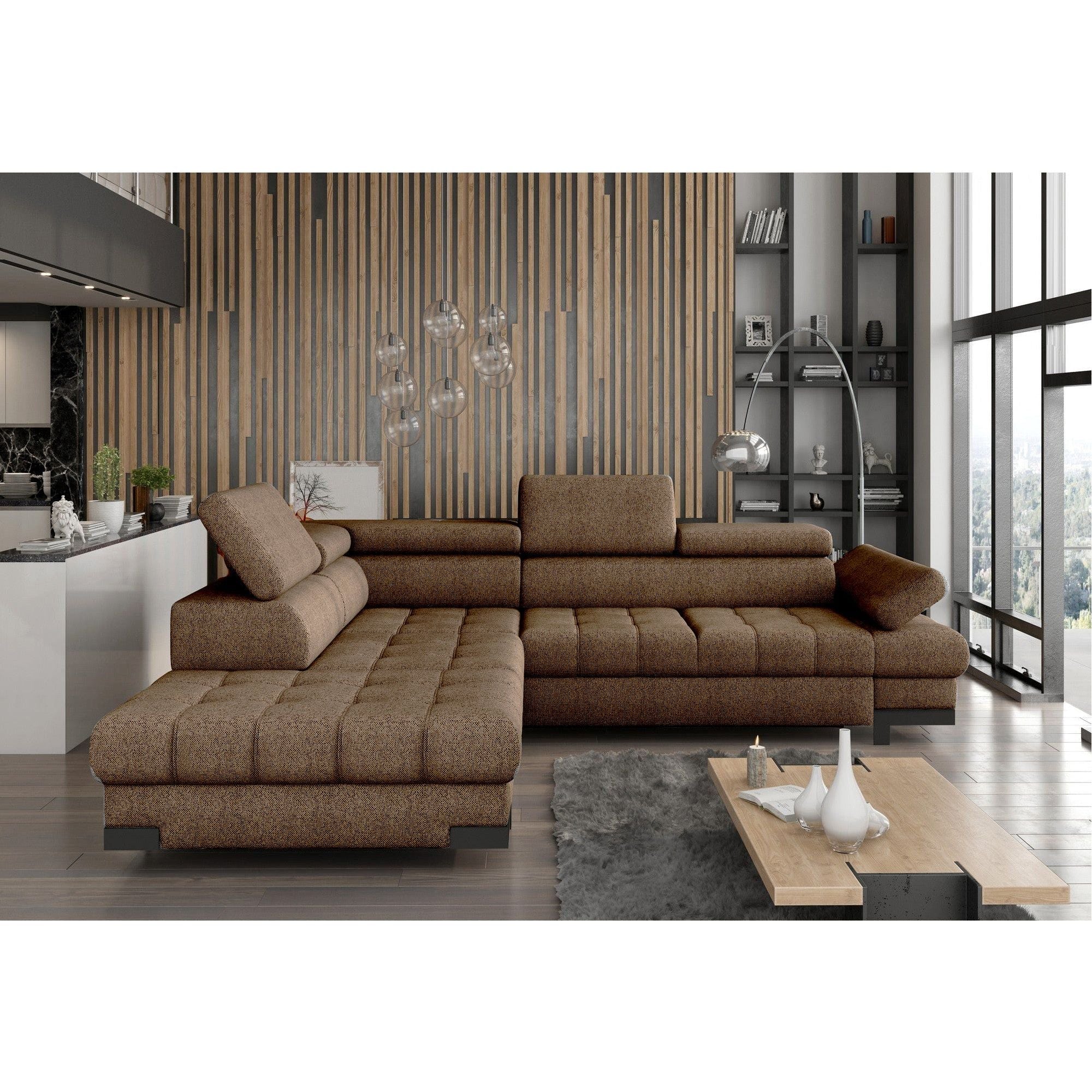 Coltar extensibil SELVA L, sezlong stanga, stofa catifelata maro - Monolith 15, cu lada depozitare si tetiere reglabile, 263x223x95 cm