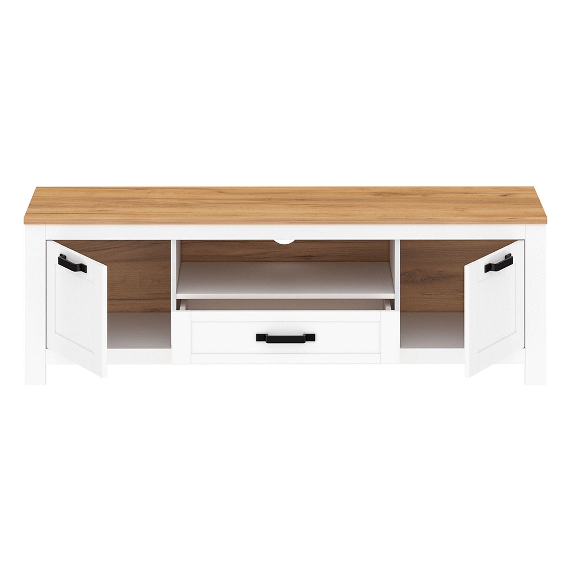 Comoda TV LANZETTE B, alb/stejar craft auriu/negru, DTD laminat, 164x46x54 cm