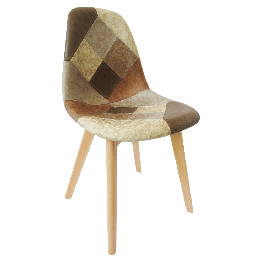 Scaun dining SALEVA, multicolor patchwork/fag, piele ecologica/plastic/lemn, 47x52x82 cm