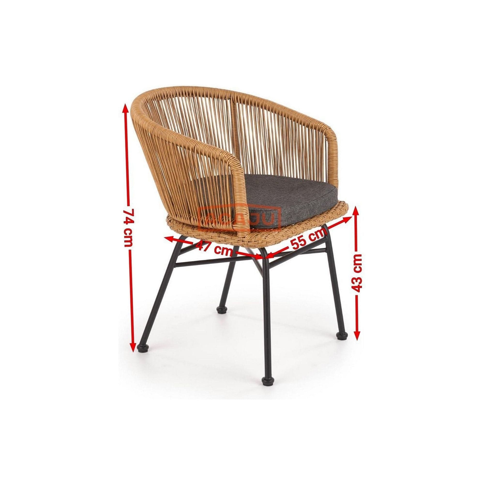 Scaun K400, gri/bej/negru, stofa/rattan sintetic/otel, 55x47x74 cm