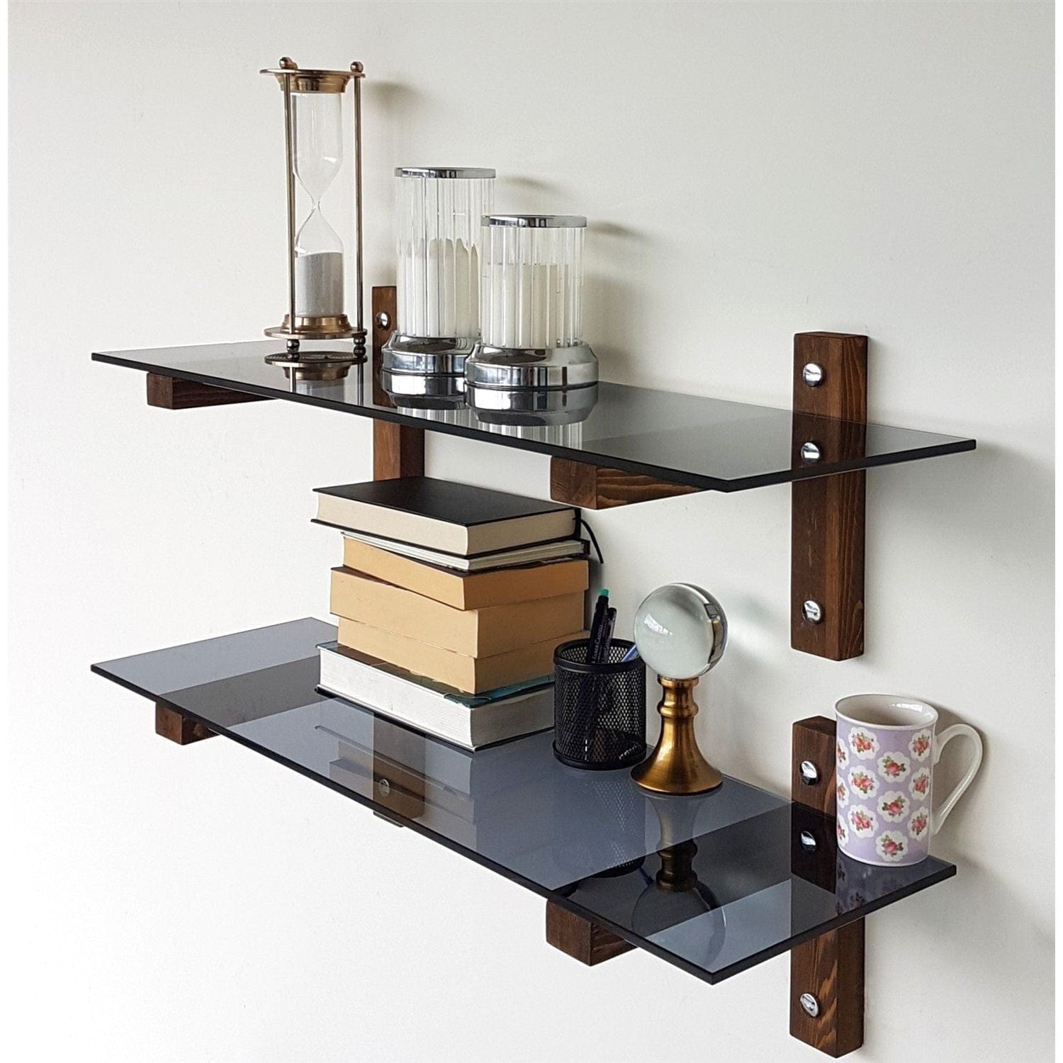 Set 2 polite R202, fumuriu/nuc, sticla/lemn de pin, 85x25x25 cm