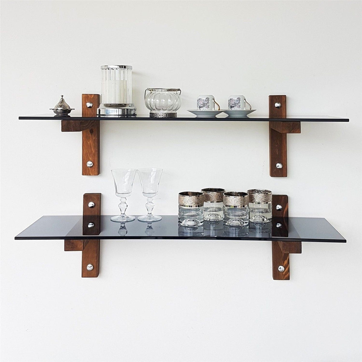 Set 2 polite R202, fumuriu/nuc, sticla/lemn de pin, 85x25x25 cm