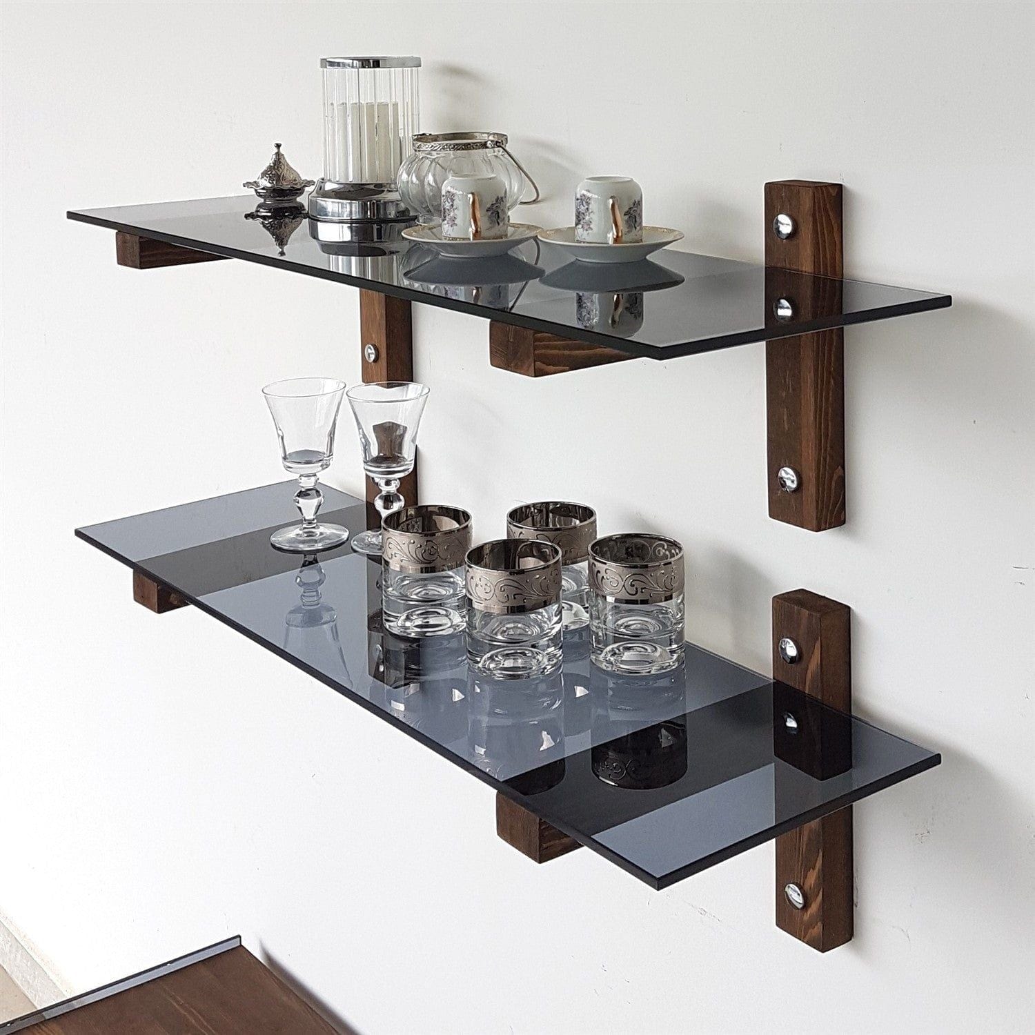 Set 2 polite R202, fumuriu/nuc, sticla/lemn de pin, 85x25x25 cm