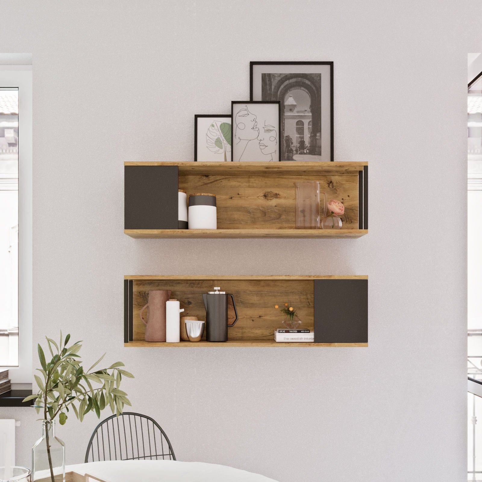 Set 2 rafturi VG18 - A, nuc/gri, PAL melaminat, 100x22x30 cm