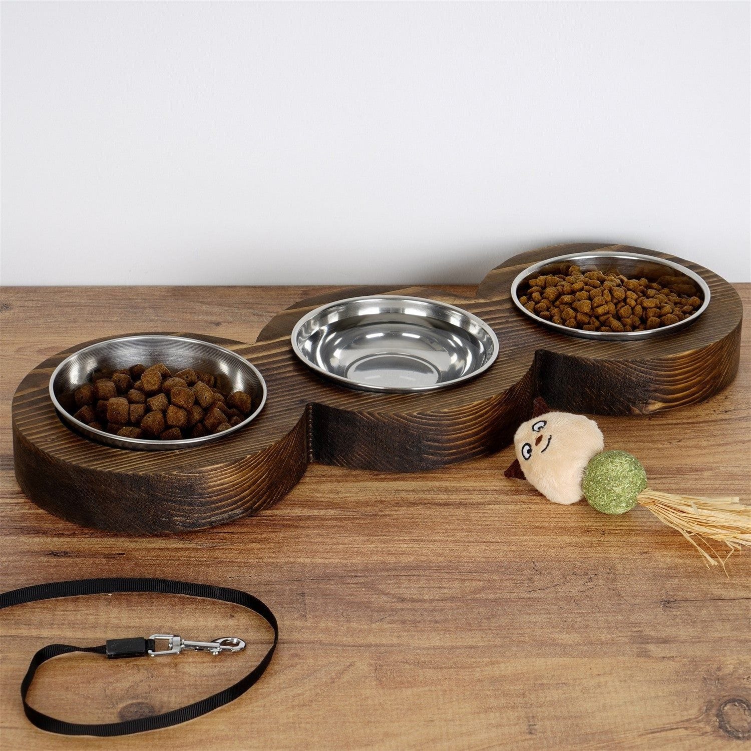 Set 3 boluri pentru hrana animale PET010, nuc/crom, lemn/metal, 17x48x4 cm