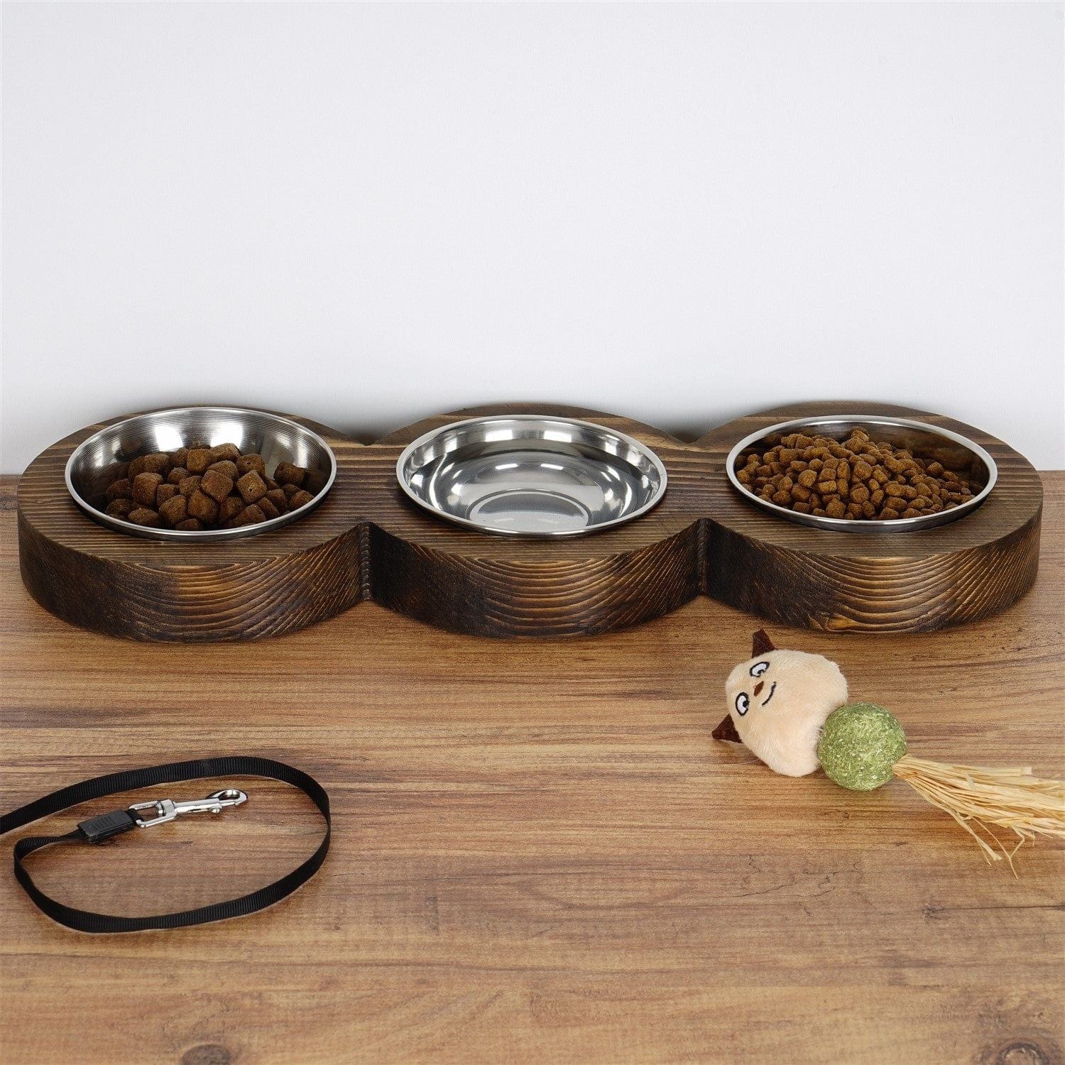 Set 3 boluri pentru hrana animale PET010, nuc/crom, lemn/metal, 17x48x4 cm