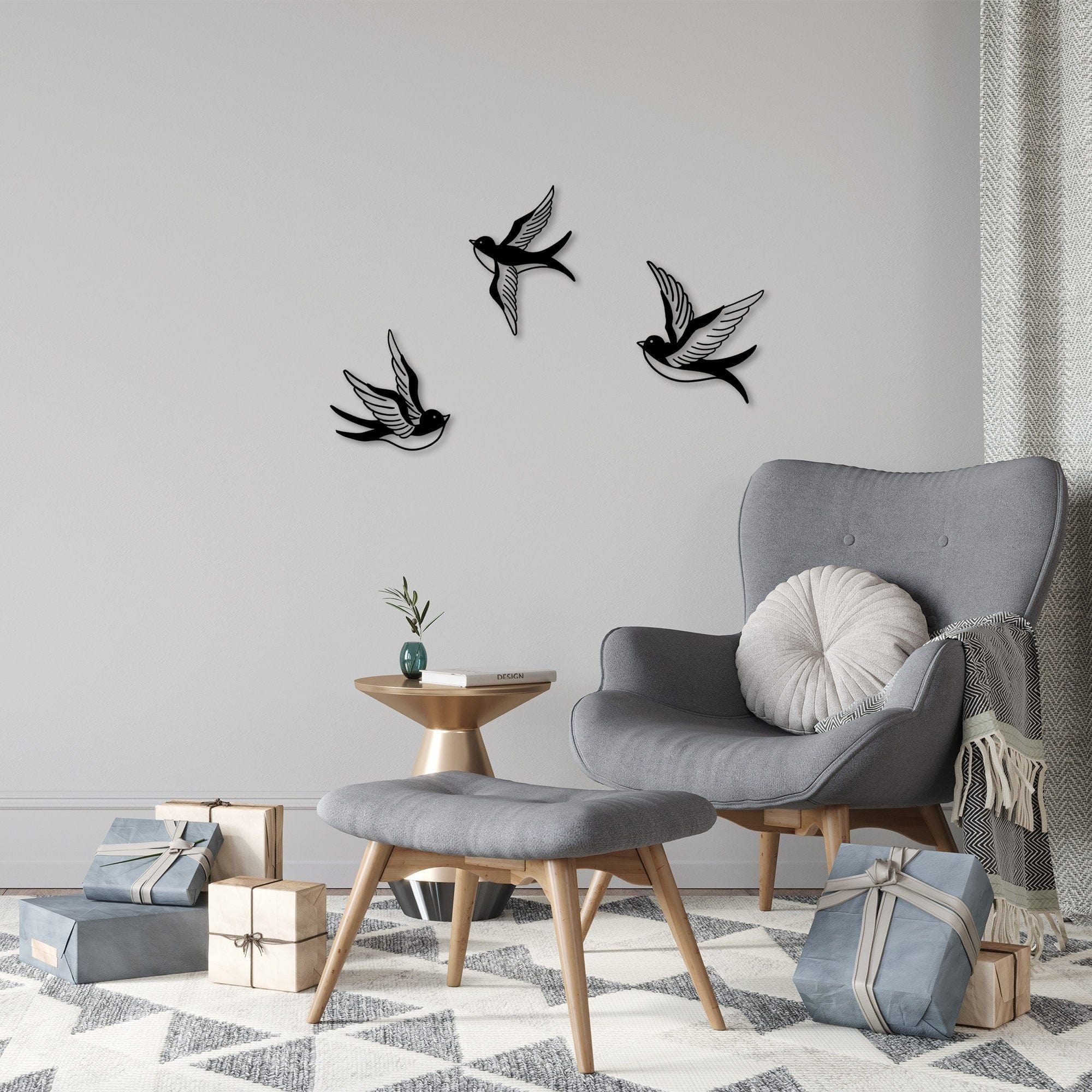 Set 3 decoratiuni perete MOUNTAIN-286, metal, negru