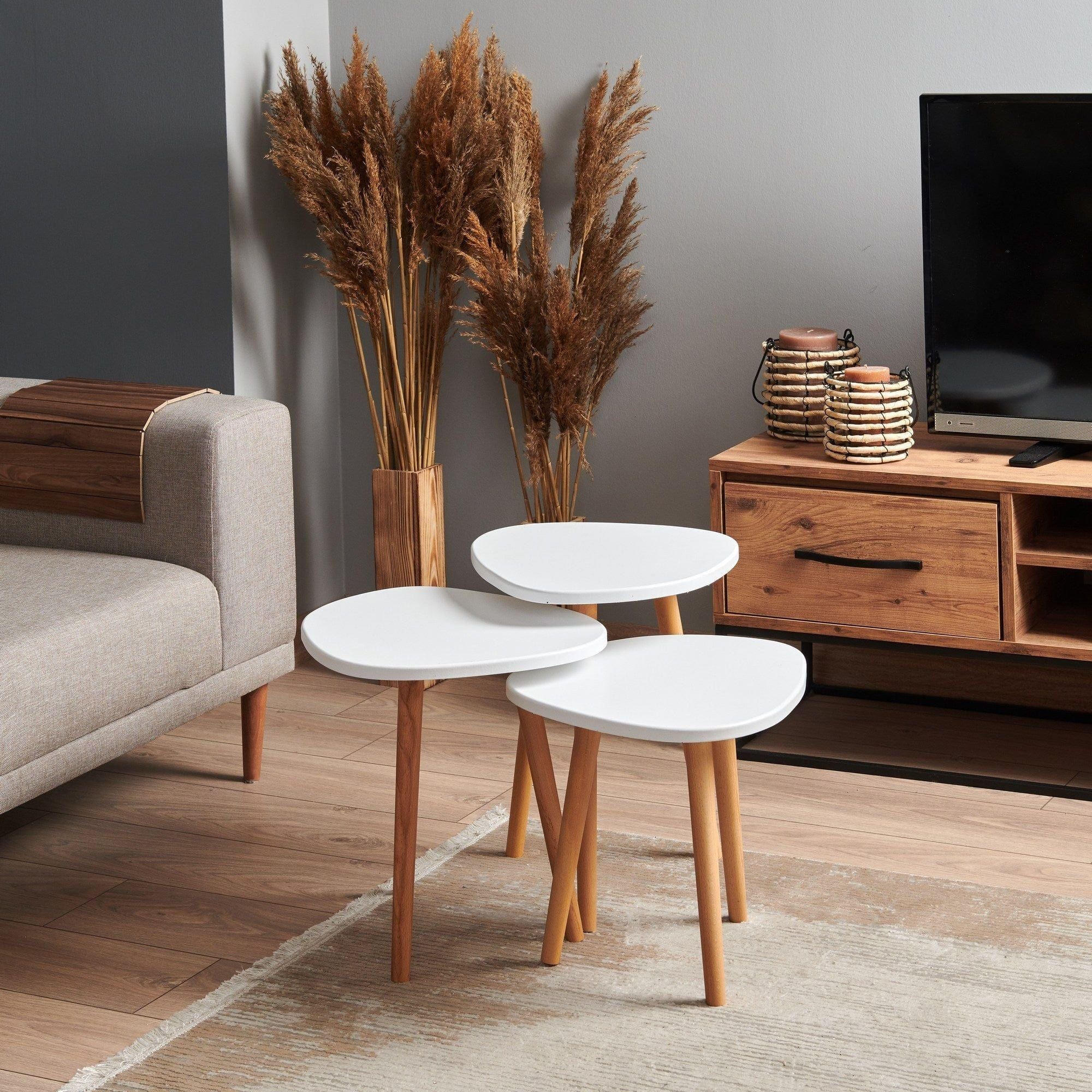 Set 3 masute cafea TUVALLE 051, alb/stejar